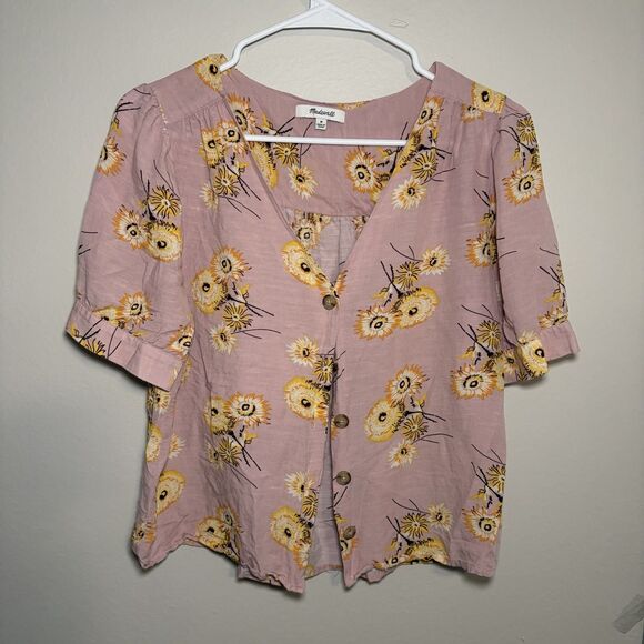 Madewell Plaza Dandelion Button Front Top Floral Blouse Linen Blend Pink Women M - Picture 6 of 6
